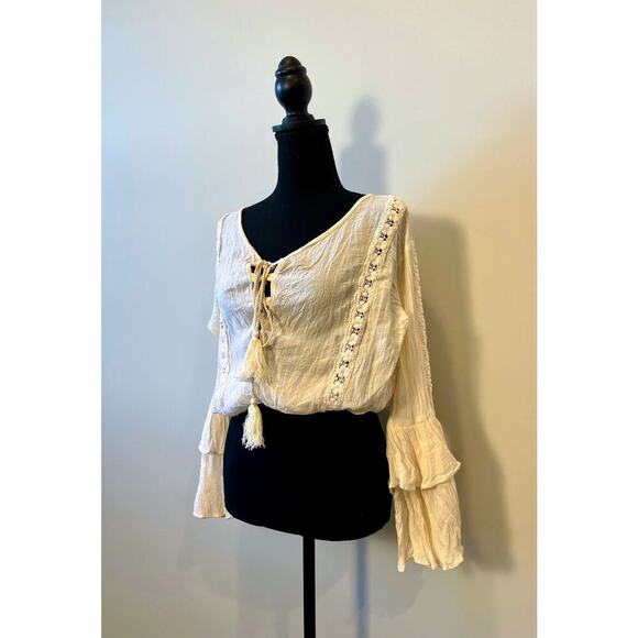 Jaded Gypsy WC Crop Top in White OS Long Sleeve Tasseled Tie Front Embroidered - Picture 2 of 4